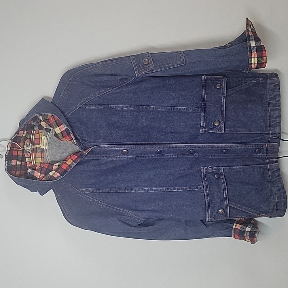 Vintage denim chore jean jacket flannel plaid hood 1970s Cotton
